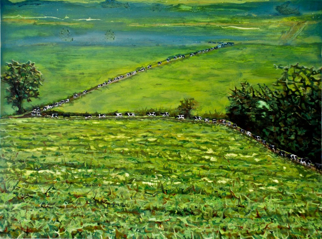 My Father's Cows making their Way back down to the Burn Field after Milking Time, oil on board, 60 x 80 cm