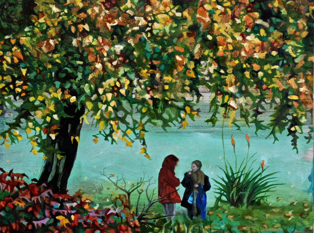 Two Women Talking under a Tree, oil on board, 15 x 20 cm