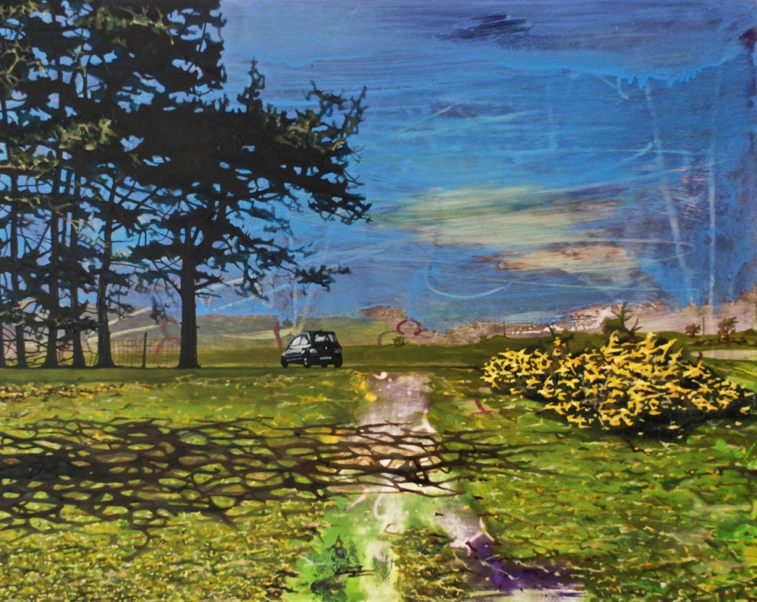 Car in the Curragh, oil on board, 50 x 60 cm
