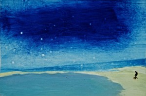 Boy Walking his Dog on Keel Strand, oil on panel, 10 x 13 cm