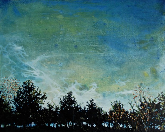 'Sky View Through a Hedge at Dusk, Pyrenees', oil on board, oil on board, 32 x 39 cm